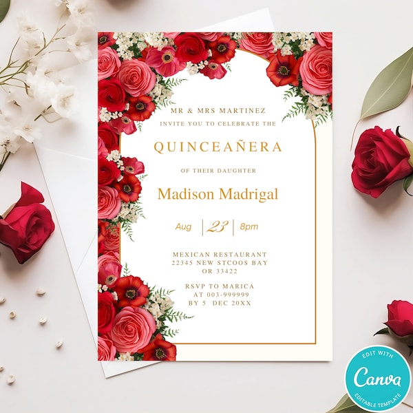 Red Roses Quinceañera Invitation Template Butterfly and Rose Quinceañera Invite Gold Frame Mis Quince 15 Anos Birthday