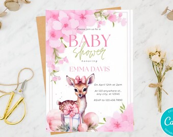 Editable Blush Pink Deer Baby Shower Invitation Printable Template Baby Shower Instant Download Personalize Baby Shower Invite Pink Deer