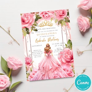 Pink Dress And Roses Quinceañera Invitation Template Instant Download Personalize Quinceañera Invite Gold Crown Mis Quince 15 Anos Birthday