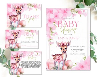 Editable Blush Pink Deer Baby Shower Invitation Bundle Pink Flowers Baby Shower Invite Pink Boho Deer Girl Baby Shower Set Template