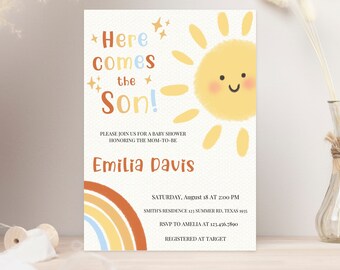 May include: A baby shower invitation with a yellow sun with a smiling face and a rainbow. The text reads "Here comes the Son!" and includes details for the event, including the date, time, location, and RSVP information.
