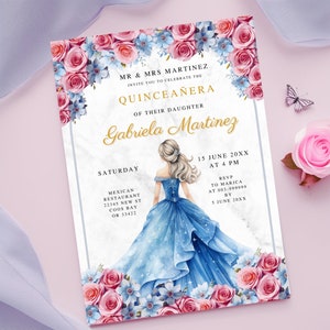 Blue Dress And Roses Quinceañera Invitation Template Instant Download Personalize Quinceañera Invite Blue Pink Mis Quince 15 Anos Birthday