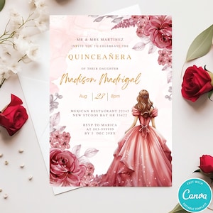 Modèle d&#39;invitation de Quinceañera robe rouge et roses Téléchargement immédiat Personnaliser une invitation de Quinceañera couronne dorée Anniversaire de Mis coings, 15 ans