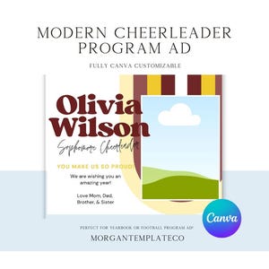 May include: A customisable digital template for a cheerleader programme ad. The template features a red, yellow and white colour scheme with a cloud and a green field. The text reads "Olivia Wilson Sophomore Cheerleader You Make Us So Proud! We are wishing you an amazing year! Love Mom, Dad, Brother, & Sister Perfect for Yearbook or Football Programme Ad MORGAN TEMPLATECO Canva".