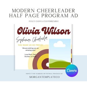 May include: A modern cheerleader half-page program ad with the name "Olivia Wilson" in a script font. The ad includes the text "Sophomore Cheerleader" and "You make us so proud!" with a Canva logo.