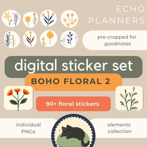 Digital Sticker Set 02 - Boho Floral 02 - Precut for Goodnotes - Planner Stickers - PNGs - Elements - Modern - Minimalist