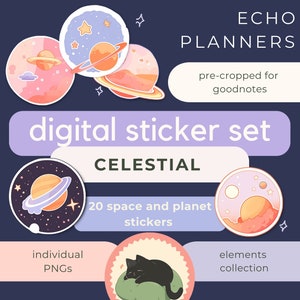 May include: A digital sticker set with a celestial theme. The set includes 20 space and planet stickers, with individual PNGs. The stickers feature planets, stars, and a sleeping black cat. The text reads "digital sticker set" and "CELESTIAL".
