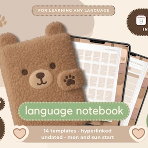 May include: A brown teddy bear-themed language notebook with a matching cover, featuring a bear face and paw print. The notebook is displayed with two tablets showing alphabet and journal pages. Text on the image includes "language notebook" and "14 templates".
