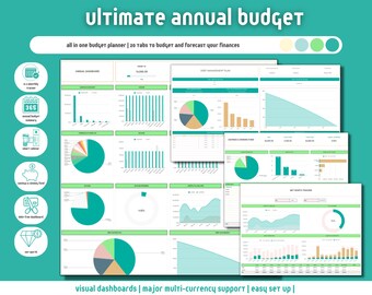 May include: A colorful infographic with the title "ultimate annual budget" and the text "all in one budget planner | 20 tabs to budget and forecast your finances". The infographic features various charts and graphs, including pie charts, bar graphs, and line graphs. The infographic is designed to help users track their finances and create a budget.