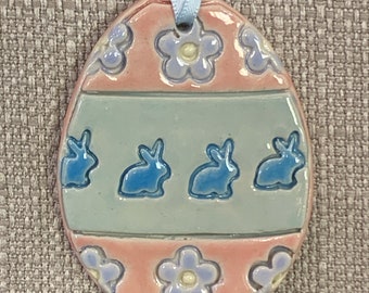 Easter egg handmade ceramic hanging decoration gift with rabbits and flowers