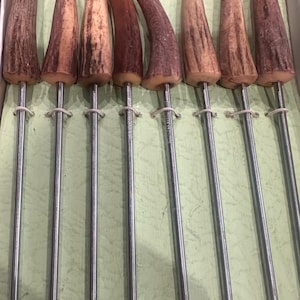 Può includere: Set di otto spiedini da cocktail con manici in corno di cervo e steli in metallo argentato. I manici in corno di cervo sono di colore marrone naturale con striature marrone scuro. Gli spiedini sono disposti in fila in una scatola bianca con un rivestimento verde chiaro.