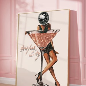 Póster de cabeza de bola de discoteca, impresión de bola de discoteca rosa, Nueva York, impresión retro de los años 70, arte de pared retro, impresión de bola de espejos de lujo, impresión para dormitorio femenino