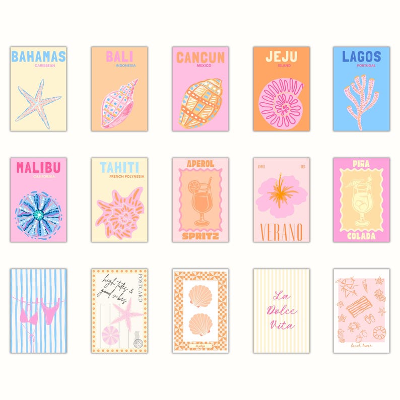 Preppy Summer Wall Art Gallery Set. Pink Yellow Blue and Orange Tropical Wall Art Trendy Dorm decor. Seashell, Beach, Mermaid Posters, Coastal Bikini Print, Cute Postcard print, La dolce vita, Stripes, Pina Colada and Aperol Spritz Tropical Bar cart decor, Pastel summer wall art set, Beachy Surfer Aesthetic, East Coast Prints, West Coast Prints, Pink coastal art, 30 pc fun summer aesthetic dorm, bedroom, home decor art. Funky Retro Prints.
