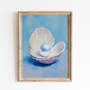 May include: A painting of a pearl inside a white seashell. The pearl is iridescent and has a blue hue. The seashell is open and the pearl is resting in the center. The background is a light blue.