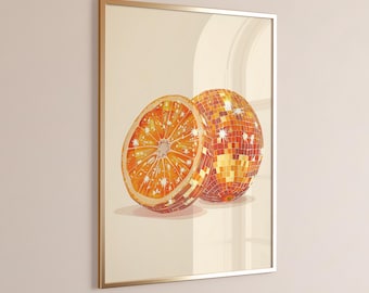 Impresión de frutas disco, póster naranja disco, glamurosas bolas de discoteca naranjas, arte imprimible, espacios modernos de moda, decoración de dopamina, bola de discoteca naranja