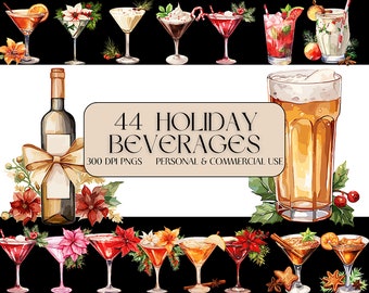 Fancy Christmas Cocktail Clipart, Watercolor Christmas Cocktail, Christmas Drinks Clipart, PNG, Christmas Cocktail Card Clipart, Png