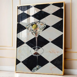 Digitaltryck av Martini, extra smutsig rutig cocktailposter, minimalistisk olivgrön barvagnsdekor, trendig utskrivbar galleriväggkonst, stämningsfull konst