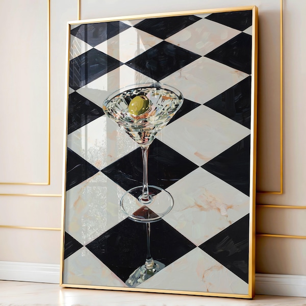 Martini Digital Print Extra Dirty Checkered Cocktail Poster Minimalistic Olive Bar Cart Decor Trendy Printable Gallery Wall Art, Moody Art
