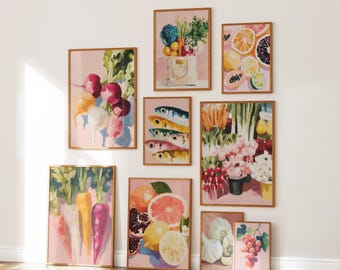 Anthropologie Style Kitchen Wall Art Set, 9 PC Trendy Kitchen Food Prints, Printable Kitchen Posters, Dining Room Artwork, Retro Food Prints