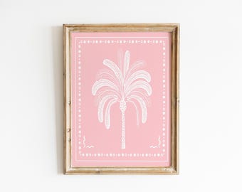 Rosa palmträd, tropisk galleriväggkonst, trendig strandhusdekor, kustväggkonst, söt sommarkonsttryck, minimalistisk, preppy inredning