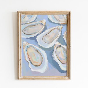 Pastel Blue Oyster Shell Painting | Summer Coastal Beach House Kitchen Art Print | Kitchen Art Decor | Seafood Print | Trendy Coastal Art