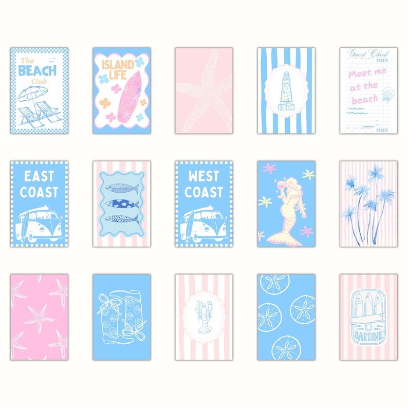 Preppy Summer Wall Art Gallery Set. Pink Yellow Blue and Orange Tropical Wall Art Trendy Dorm decor. Seashell, Beach, Mermaid Posters, Coastal Bikini Print, Cute Postcard print, La dolce vita, Stripes, Pina Colada and Aperol Spritz Tropical Bar cart decor, Pastel summer wall art set, Beachy Surfer Aesthetic, East Coast Prints, West Coast Prints, Pink coastal art, 30 pc fun summer aesthetic dorm, bedroom, home decor art. Funky Retro Prints.
