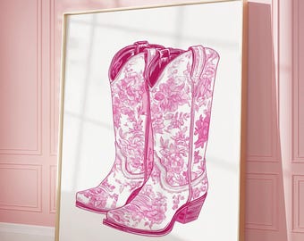 Rosa cowgirlstövlar-tryck, cowgirlstövlar-väggkonst, minimalistisk rosa väggkonst-affisch, vintage cowgirl-kusttryck, rosa cowboystövlar-tryck