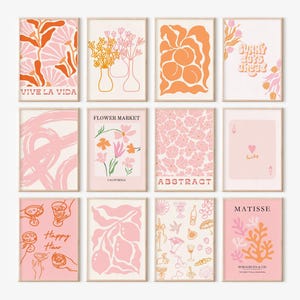 Pink and Orange Set of 12 Modern Printable Wall Art, Boho Gallery Wall Set, Matisse, Floral dorm decor, Trendy Retro Wall Art Posters