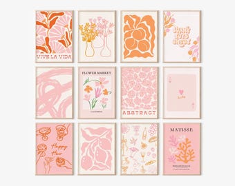 Pink and Orange Set of 12 Modern Printable Wall Art, Boho Gallery Wall Set, Matisse, Floral dorm decor, Trendy Retro Wall Art Posters
