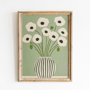 Arte verde, estampado floral de amapolas, decoración retro, jarrón de rayas, arte contemporáneo y ecléctico, pintura abstracta vintage texturizada de moda, botánico.