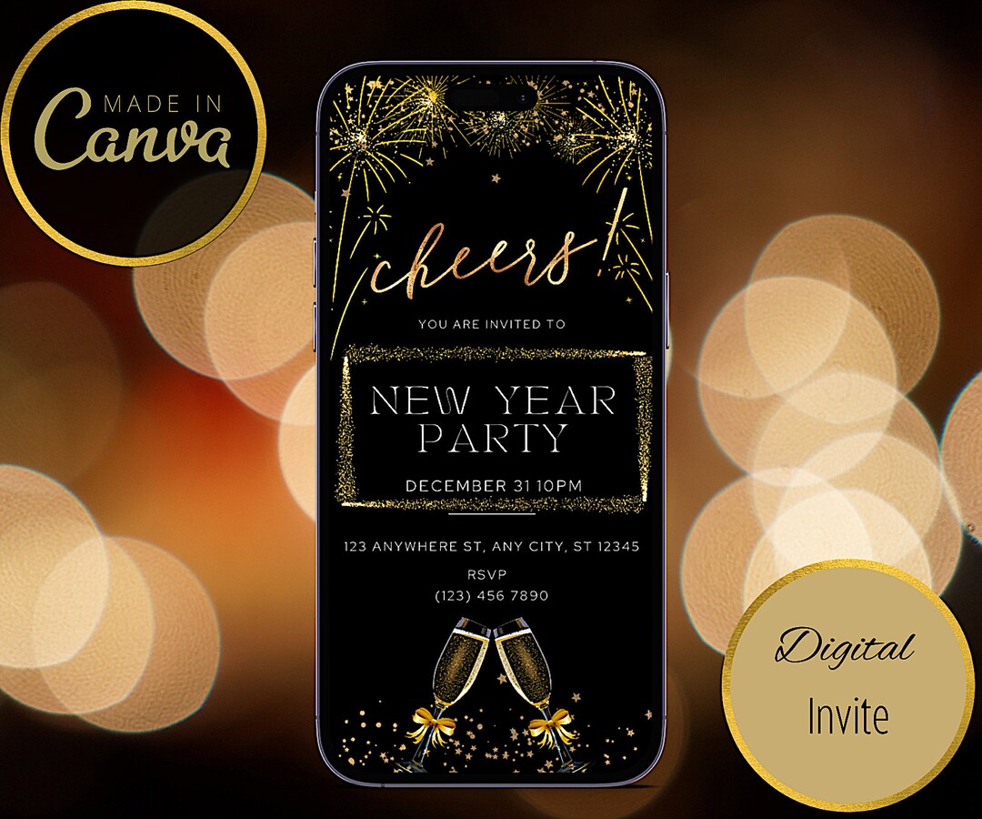 New Years Eve Party Invitation, Gold NYE Celebration Invite