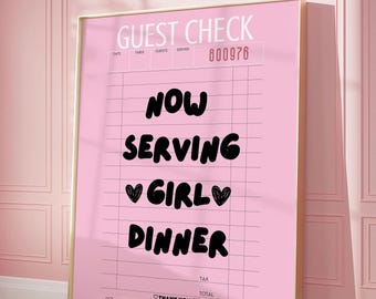 Roze gastruitprint, retro muurkunst citaat grappige gast check muurkunst roze poster, keukenafdrukken, meisjesdiner, nu serveren meisjesdiner