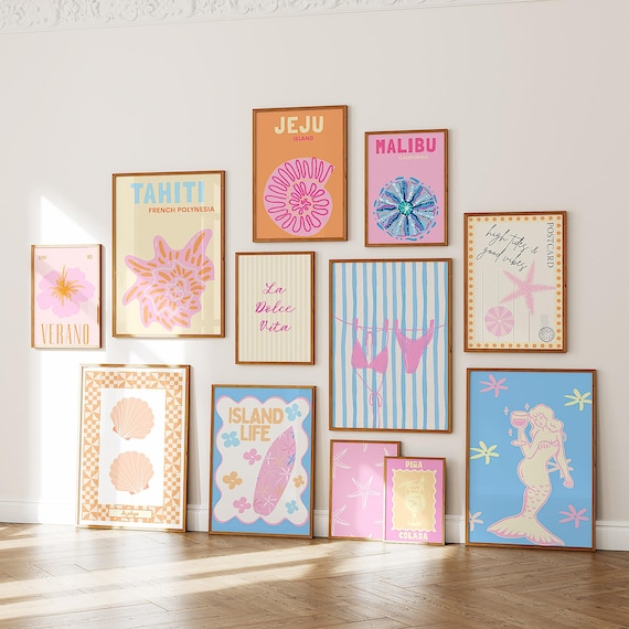 Coastal Vibe Summer Print Set, La Dolce Vita, Cute Beachy Art, 30 Tropical Posters, Preppy Pink, Yellow, Orange & Blue Trendy Posters