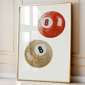 Leopard Wall Art, Leopard Pattern Poster, Preppy 8 Ball Print, Pool Ball Print, Cherry Red Wall Art, Dorm Wall Art, Lucky Eightball Wall Art