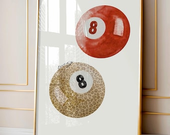 Leopard Wall Art, Leopard Pattern Poster, Preppy 8 Ball Print, Pool Ball Print, Cherry Red Wall Art, Dorm Wall Art, Lucky Eightball Wall Art