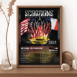 May include: A framed poster of the Scorpions Return To Forever Tour Edition album. The artwork features a central metallic trophy, the American and French flags, and a tracklist including songs like Going Out With a Bang and Gypsy Life.