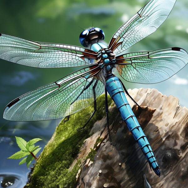 Exquisite Hyper-Realistic Dragonfly Image - High Resolution - Sky-Blue & Emerald Decor - Lifelike Elegance- for Digital Printing - DF061