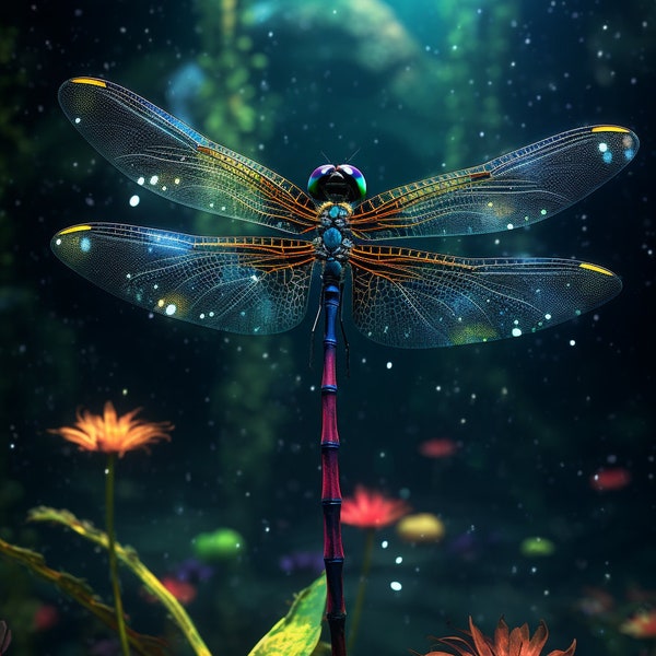 Dragonfly Flight Over Lush Plants - Luminous 3D Art - Dark Cyan & Crimson - Nature Portrait - Captivating Colorscape - DF081