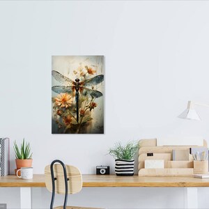Dragonfly Above Flowers Realistic Still Life Art Light Gold & Dark Cyan ...