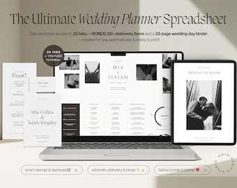 May include: A digital image of a wedding planner spreadsheet with 23 tabs, a bonus 20+ stationery items, and a 28-page wedding day binder. The image shows a laptop screen with the spreadsheet open, a wedding day binder, and a few smaller images of the couple. The text "The Ultimate Wedding Planner Spreadsheet" is at the top of the image.