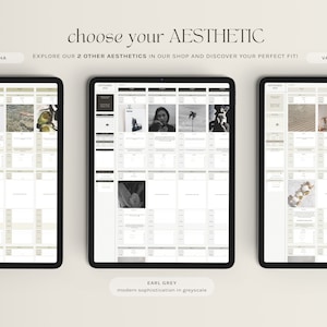 Op de afbeelding: Drie digitale tabletschermen die verschillende esthetische stijlen voor een planner laten zien. Het eerste scherm is gelabeld "Matcha" en heeft een groen-wit kleurenschema. Het tweede scherm is gelabeld "Earl Grey" en heeft een zwart-wit kleurenschema. Het derde scherm is gelabeld "Vanilla" en heeft een beige-wit kleurenschema.