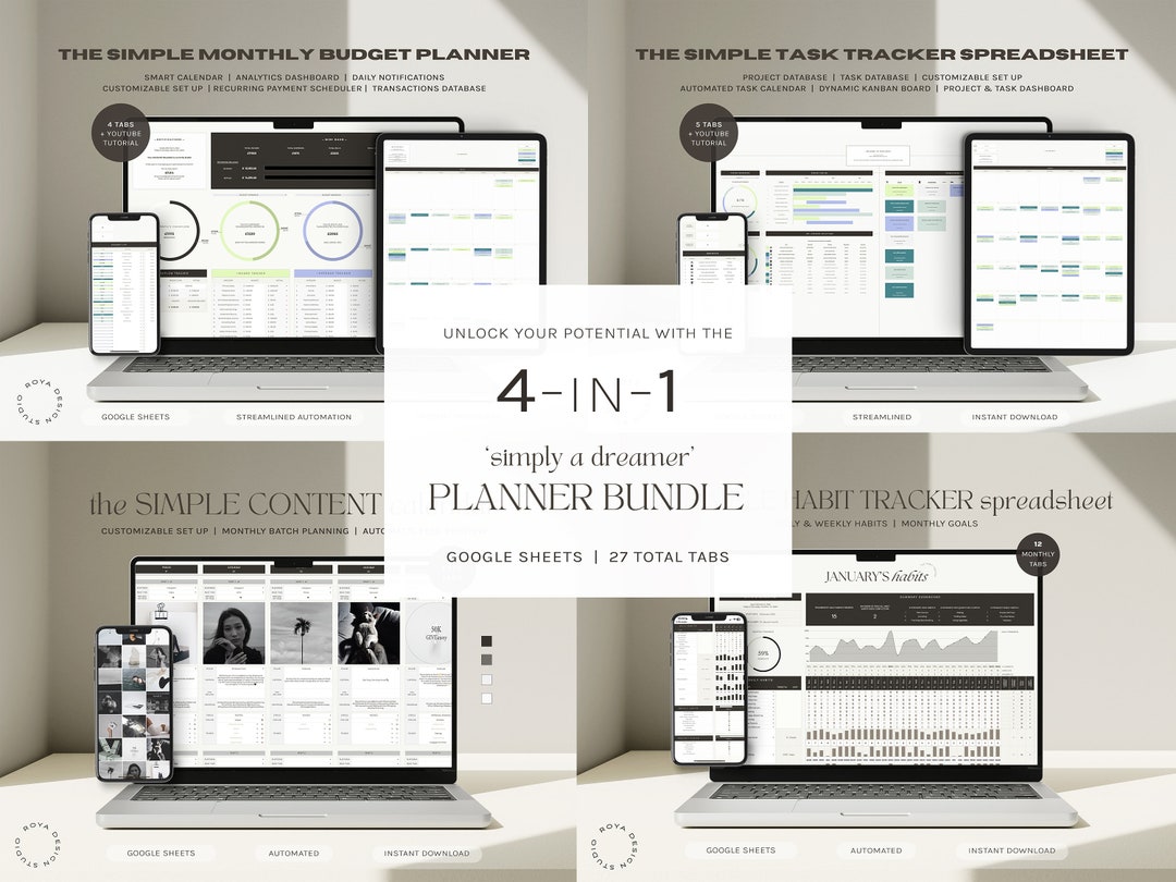 Work Task Bundles 4-in-1 Productivity Planner Bundle: Task, Budget, Content, Habit ...