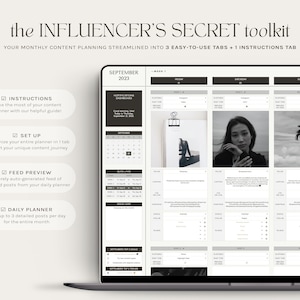 Op de afbeelding: Een laptopscherm met een contentplanningstool voor social media-influencers. De toolkit bevat tabbladen voor instructies, instellingen, feedpreview en dagelijkse planner. Het scherm toont een kalender voor september 2023 en een voorbeeld van een contentplan met afbeeldingen en beschrijvingen.