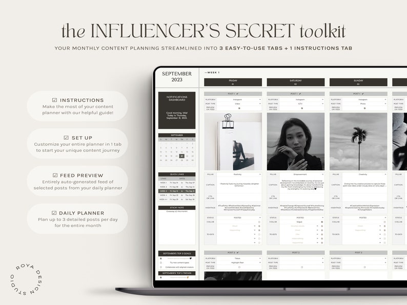 Op de afbeelding: Een laptopscherm met een contentplanningstool voor social media-influencers. De toolkit bevat tabbladen voor instructies, instellingen, feedpreview en dagelijkse planner. Het scherm toont een kalender voor september 2023 en een voorbeeld van een contentplan met afbeeldingen en beschrijvingen.