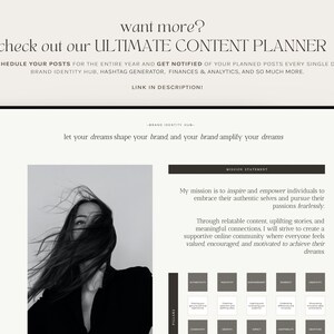 Op de afbeelding: Een zwart-witfoto van een vrouw met haar haar in de wind. De tekst "let your dreams shape your brand and your brand amplify your dreams" staat bovenaan de afbeelding. Onder de foto staat een missieverklaring en een raster met vierkanten met het woord "Pillars" linksonder.