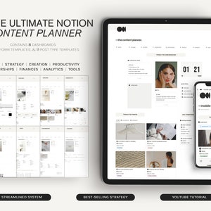 May include: A digital content planner displayed on a tablet and smartphone. The tablet shows a dashboard interface with various sections. The smartphone displays a mobile planner interface. Text includes "THE ULTIMATE NOTION CONTENT PLANNER" and "STREAMLINED SYSTEM".