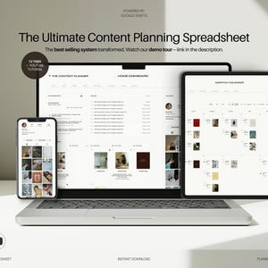 May include: A laptop, tablet, and smartphone display a content planning spreadsheet. The text reads "The Ultimate Content Planning Spreadsheet" and "12 Tabs + YouTube Tutorial." The devices are on a white surface.