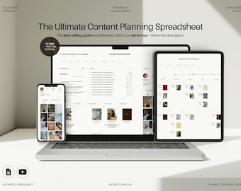 May include: A laptop, tablet, and smartphone display a content planning spreadsheet. The text reads "The Ultimate Content Planning Spreadsheet" and "12 Tabs + YouTube Tutorial." The devices are on a white surface.