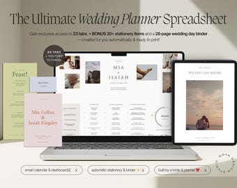 May include: A laptop computer screen displaying a wedding planner spreadsheet with 23 tabs, a wedding day binder, and a YouTube tutorial. The screen also shows a wedding invitation with the names Mia and Isaiah. The laptop is on a white surface with a text overlay that says "smart calendar & dashboard", "automatic stationery & binder", and "built by a bride & planner".