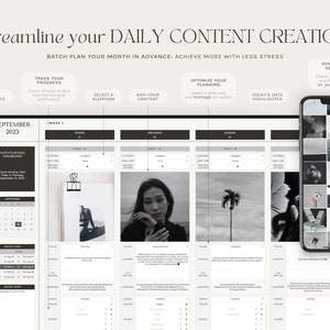 Op de afbeelding: Een zwart-witte contentkalender voor september 2023 met een wekelijkse lay-out. Elke dag heeft een sectie voor posttype, platform, bijschrift, call to action, link in bio, hashtags en notities. De kalender bevat ook een sectie voor meldingen en een dynamische feedgenerator.